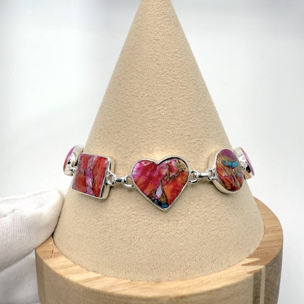 Pink Oyster Turquoise .925 Sterling Silver Bracelet - Picture 6 of 16